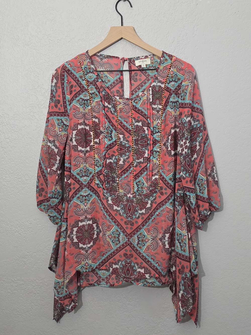 Umgee Sheer Paisley Tunic V-Neck Blouse Coral & Teal Flowy Boho Women Medium